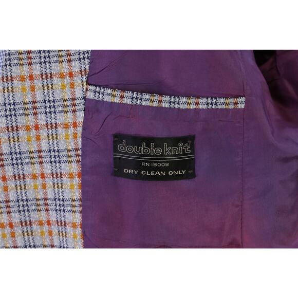 Vintage 60s 70s Double Knit Polyester Blue Orange Gold Check Blazer 44R - Picture 7 of 7